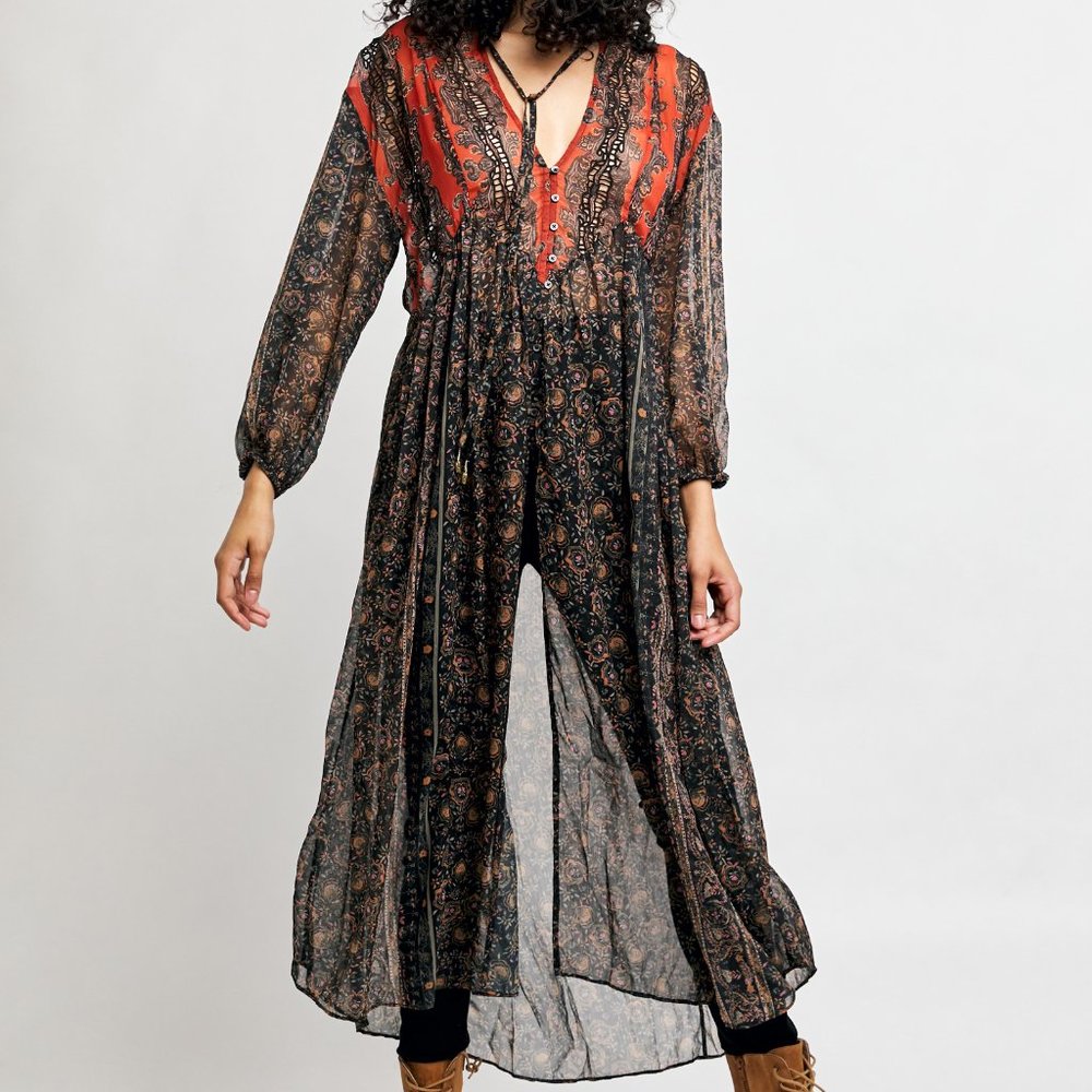 Free People Sheer Bohemian Tunic Dress in Black and Red